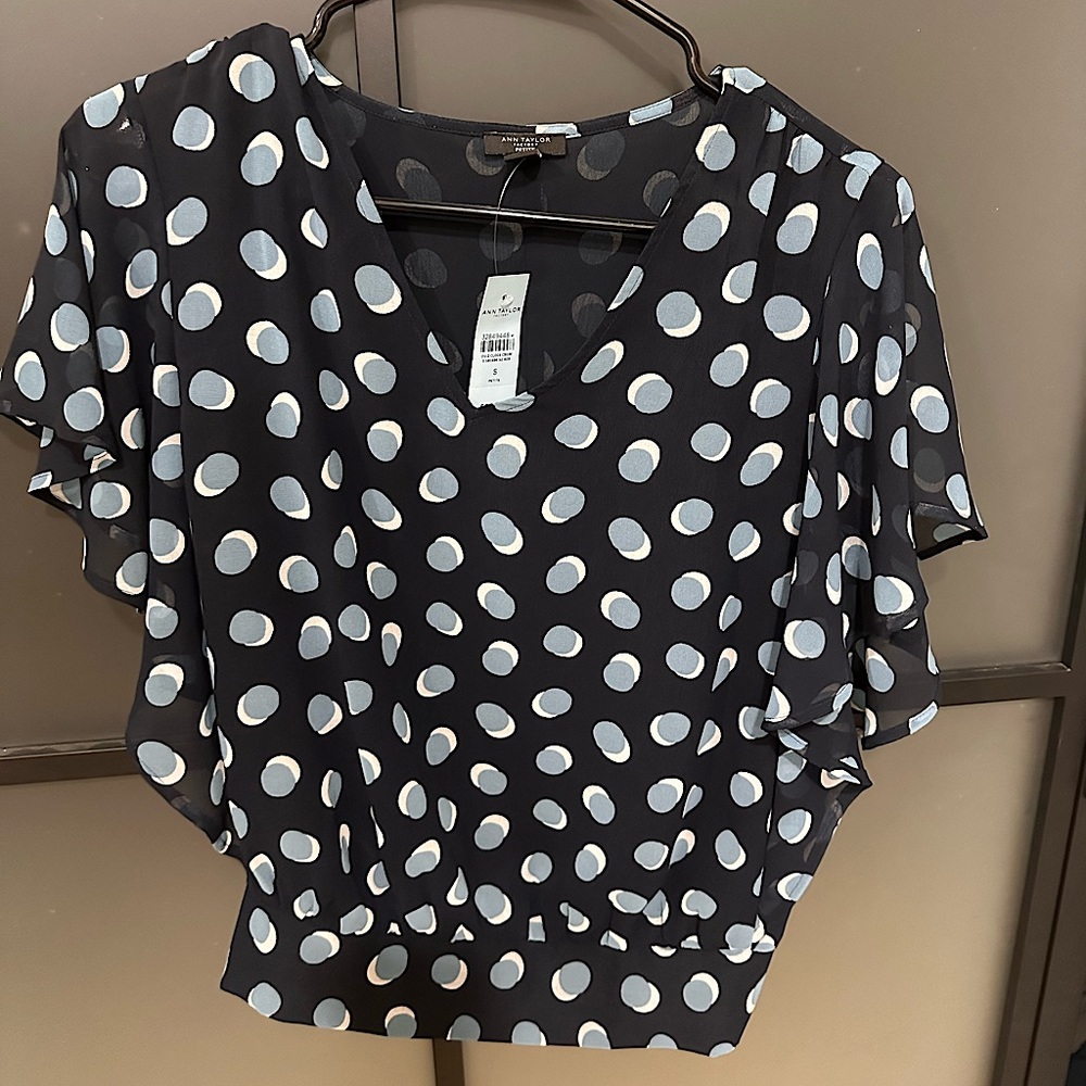 Anne Taylor navy polka dot blouse